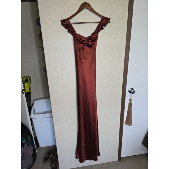 Lulus Rust Red Exuberant Luxury Satin Ruffled Lace Up Maxi Dress Size S - Picture 3 of 8